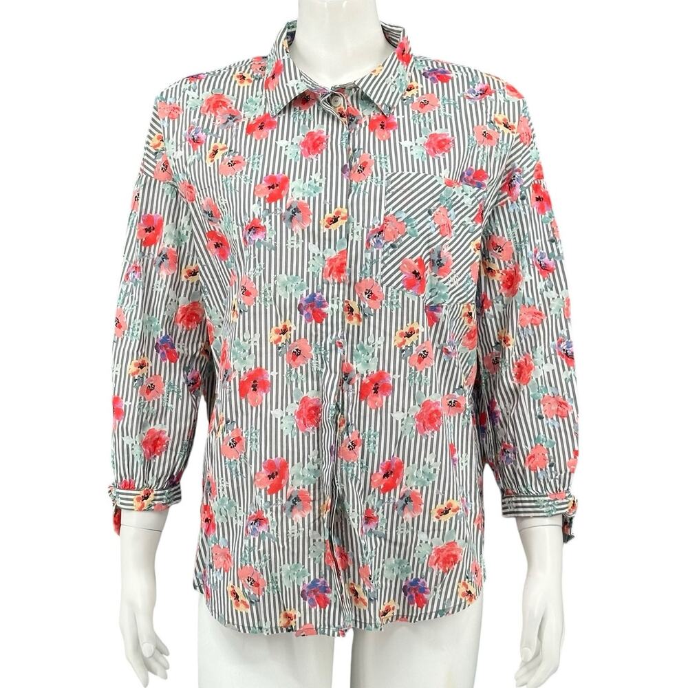 Sanctuary Top Womens XS Gray Pink Stripe Floral Button Up Sheer Tie Cuffs Boho